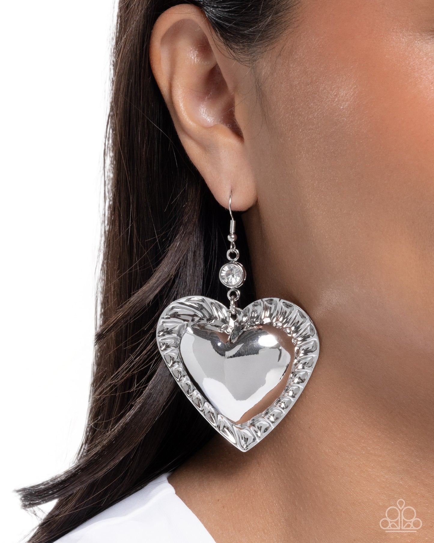 Paparazzi Smitten Sheen - White Rhinestone Silver Heart Earring