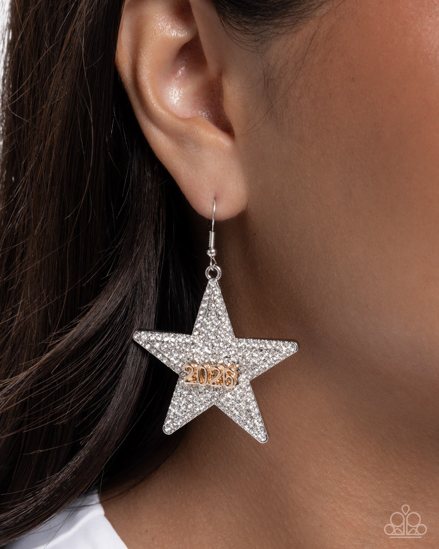 Paparazzi Celebratory Character - White Rhinestone Silver Star 2026 New Year Earring E3212