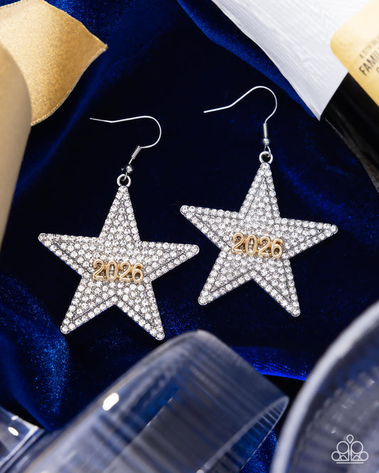 Paparazzi Celebratory Character - White Rhinestone Silver Star 2026 New Year Earring
