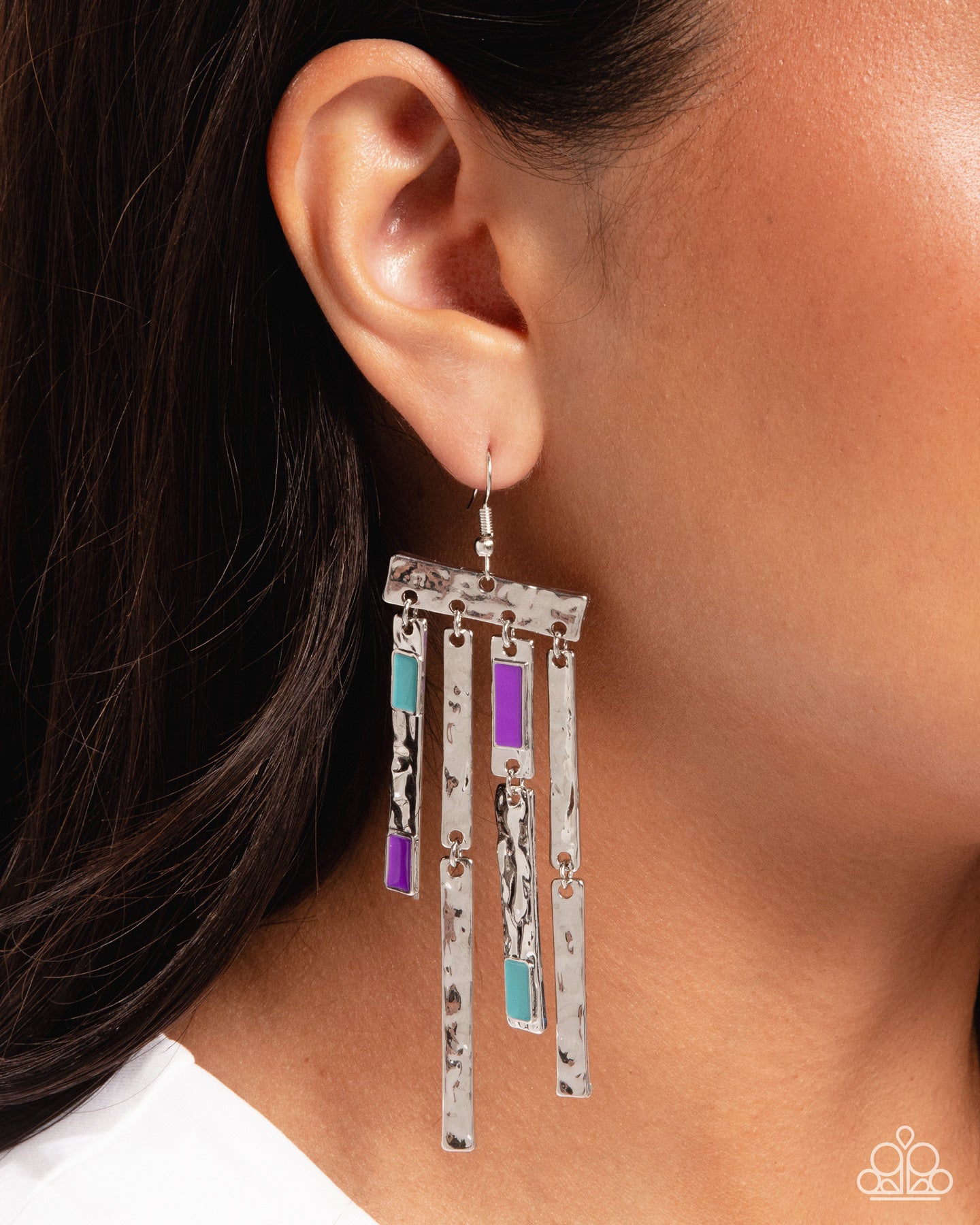 Paparazzi Streaming Season - Purple, Turquoise & Hammered Silver Bar Tassel Santa Fe Style Earring E3300