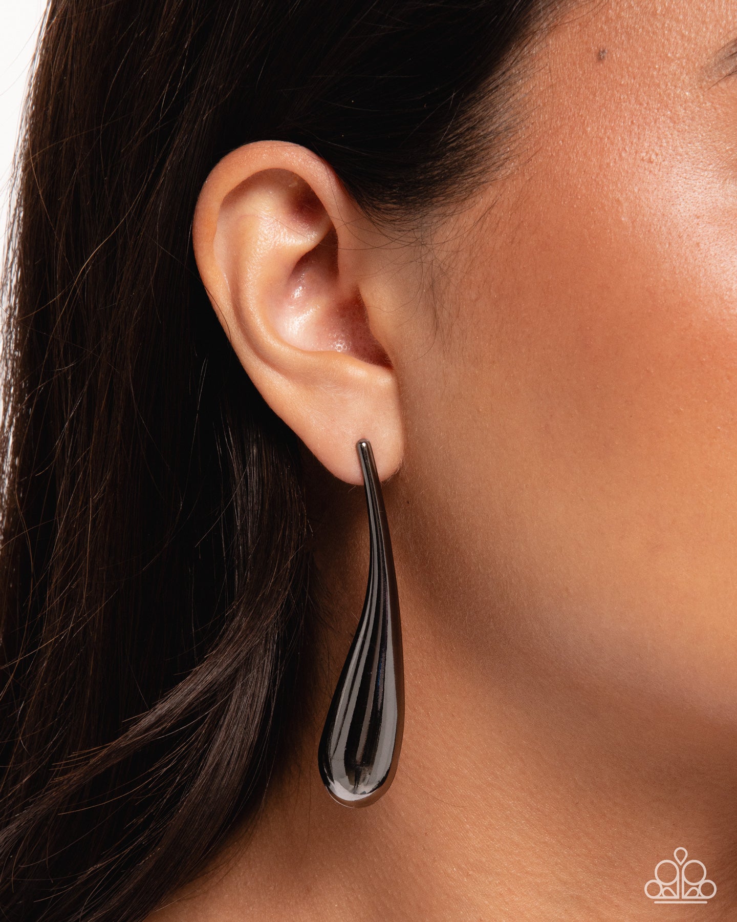 Paparazzi Elongated Effort - Black High Sheen Gunmetal Teardrop Post Earring