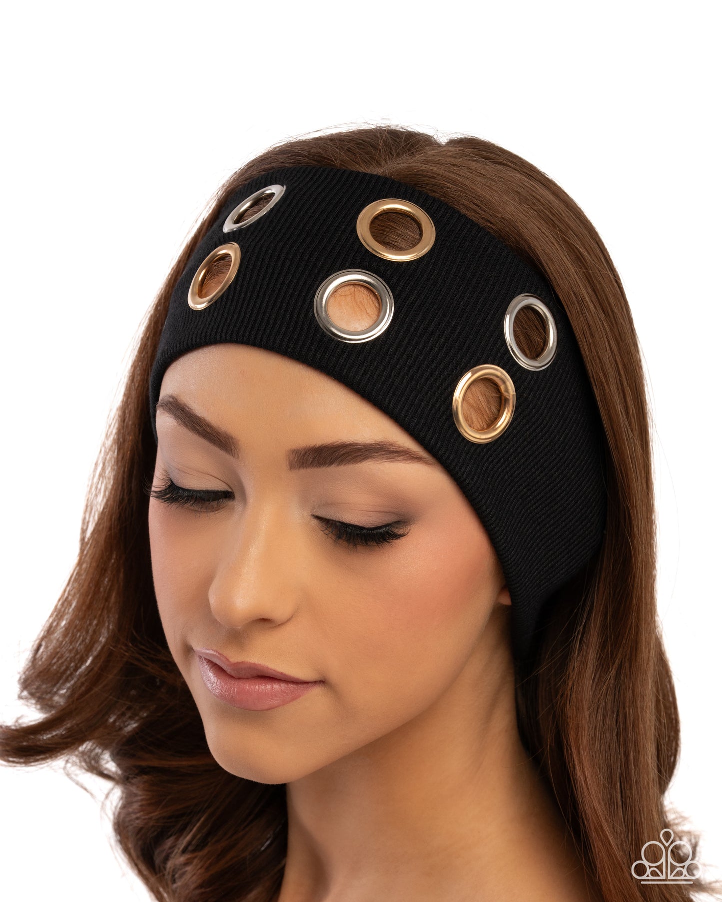 Paparazzi Glitzy Grommets - Black Ribbed Fabric Silver & Gold Grommet Headband H0250