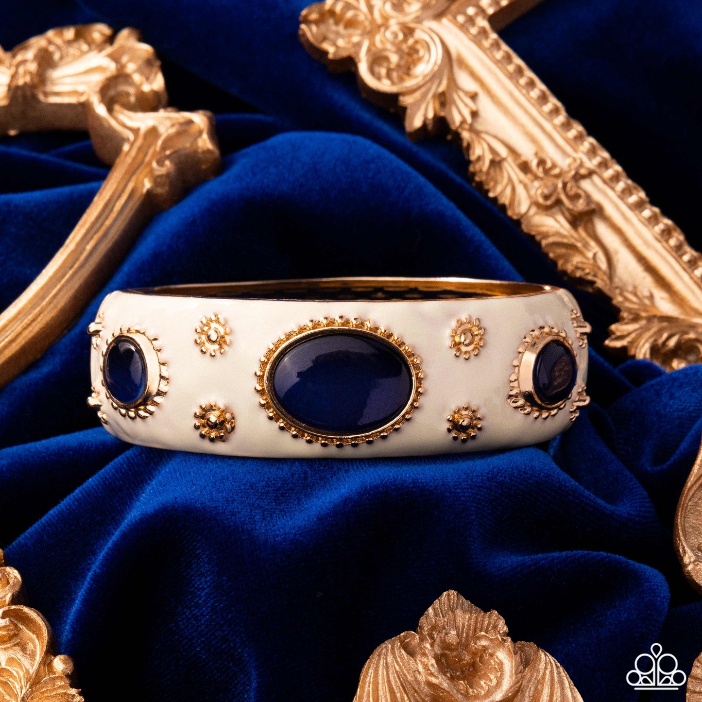 Paparazzi Ornate Occasion - Blue Cat's Eye Stone & Gold Studded Floral Gold Hinged Bracelet
