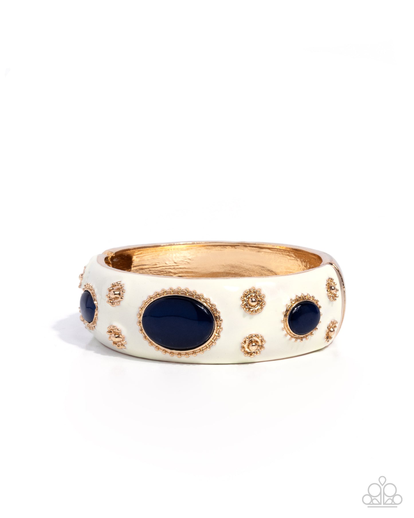 Paparazzi Ornate Occasion - Blue Cat's Eye Stone & Gold Studded Floral Gold Hinged Bracelet