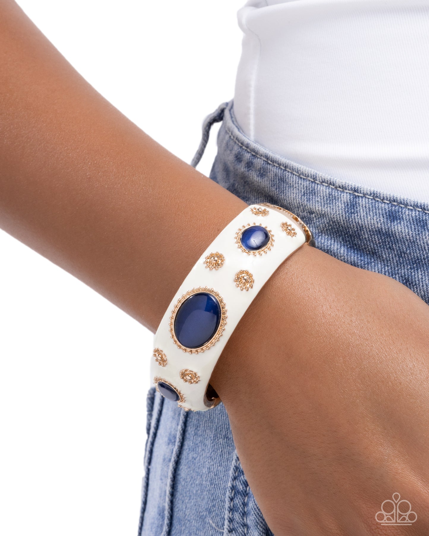 Paparazzi Ornate Occasion - Blue Cat's Eye Stone & Gold Studded Floral Gold Hinged Bracelet
