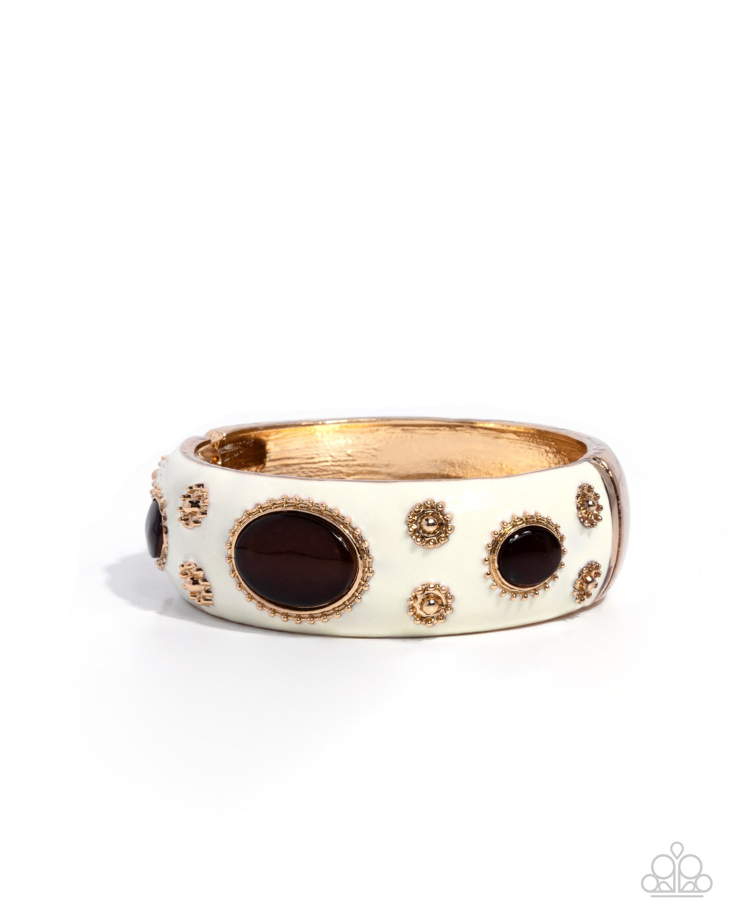 Paparazzi Ornate Occasion - Brown Cat's Eye Stone, Gold Studded Flower & White Hinge Bracelet B2643