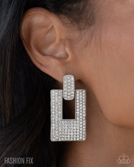 Sophisticated Stage - White Rhinestone Post Earring Fiercely 5th Avenue Fashion Fix October 2025 Paparazzi