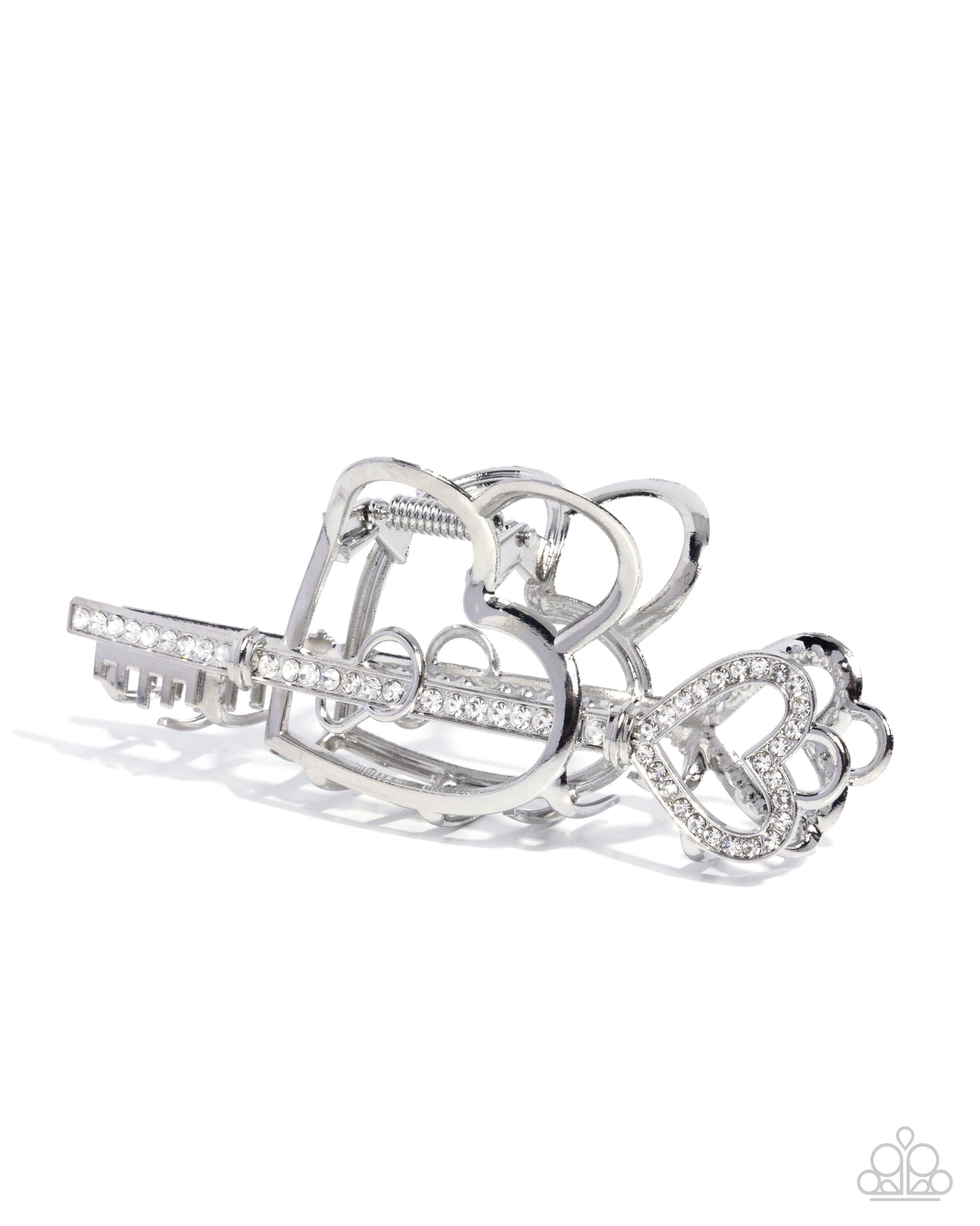 Paparazzi Lasting Lounge - White Rhinestone Silver Heart Key Hair Claw Clip H0267