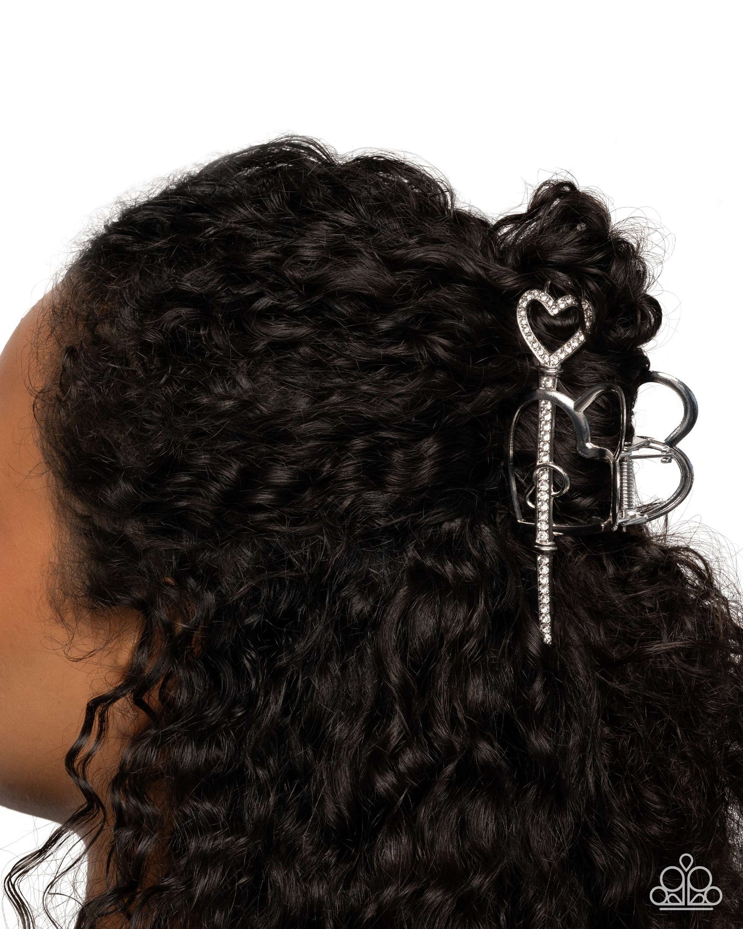 Paparazzi Lasting Lounge - White Rhinestone Silver Heart Key Hair Claw Clip H0267