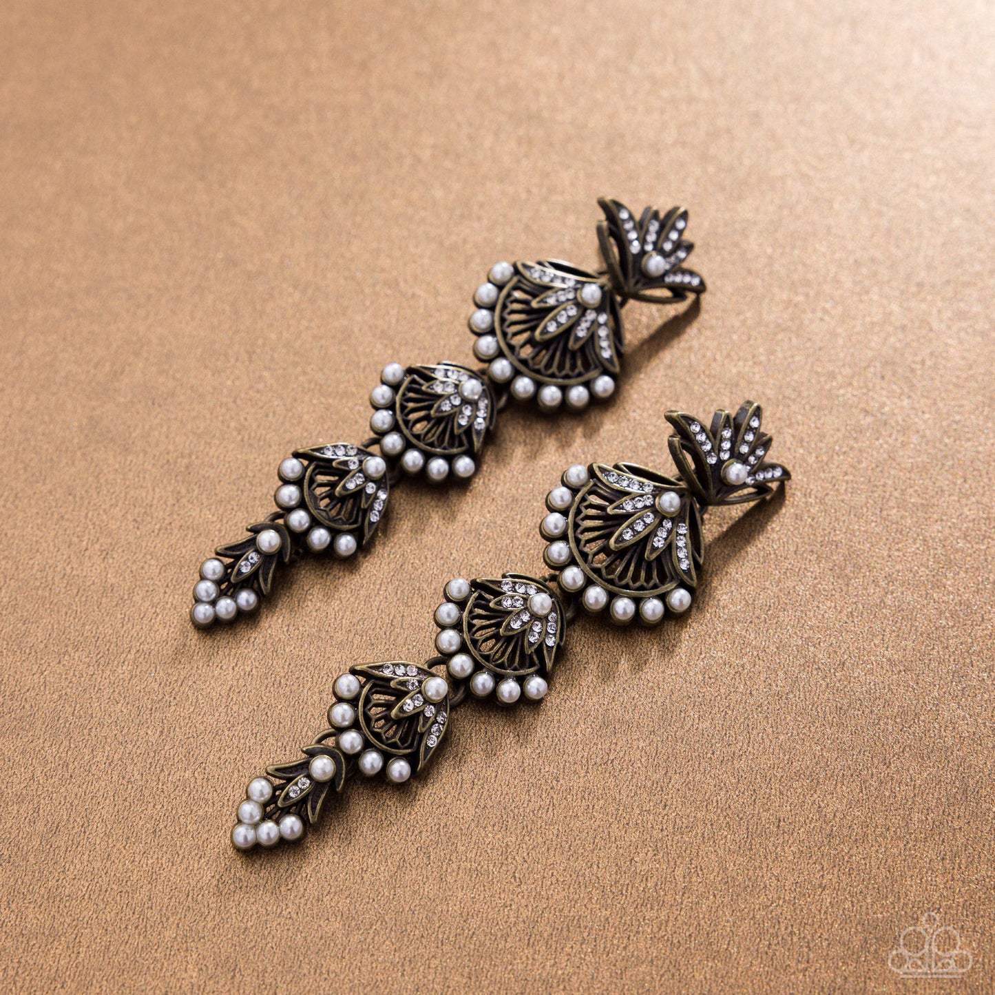 Paparazzi Ornate Optimism - Brass Floral Frame, White Rhinestone & Pearl Chandelier Earring E3273