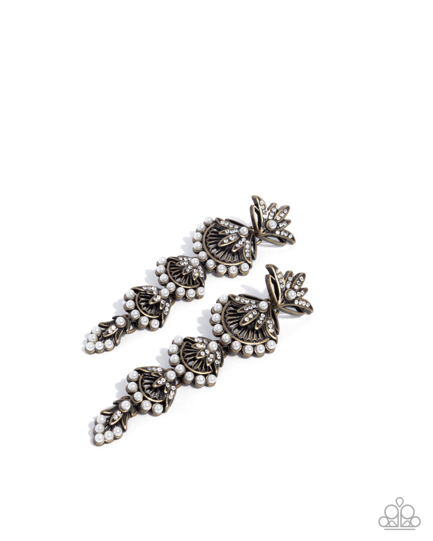 Paparazzi Ornate Optimism - Brass Floral Frame, White Rhinestone & Pearl Chandelier Earring E3273