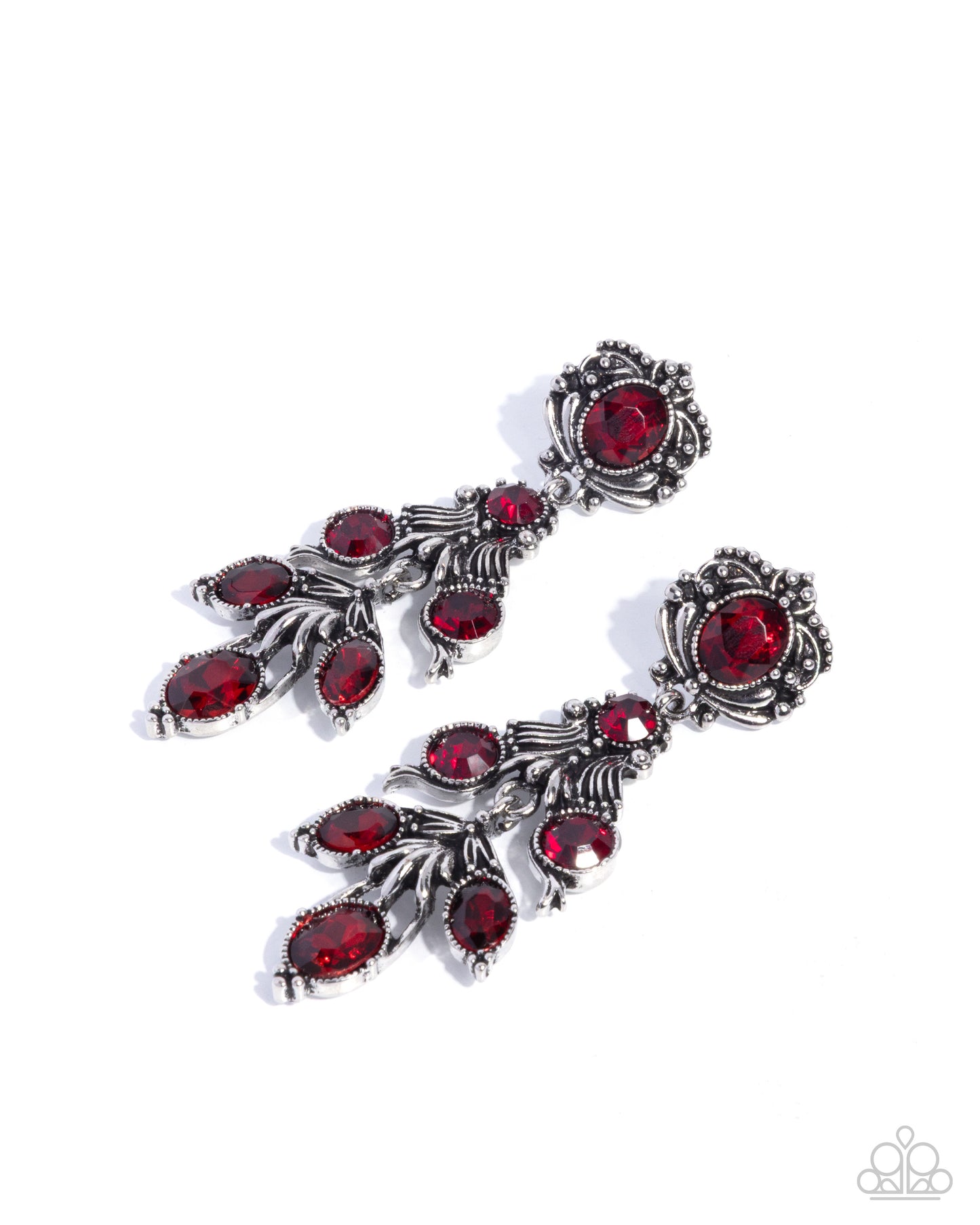 Paparazzi Ornate Obligato - Red Gem Floral Silver Leaves Post Earring E3323