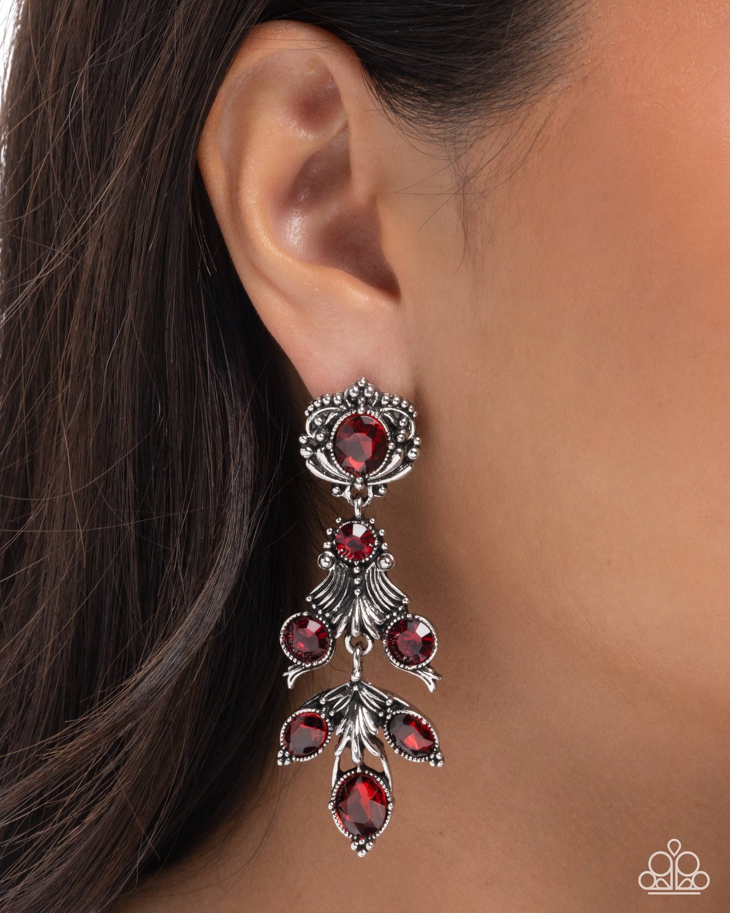 Paparazzi Ornate Obligato - Red Gem Floral Silver Leaves Post Earring E3323
