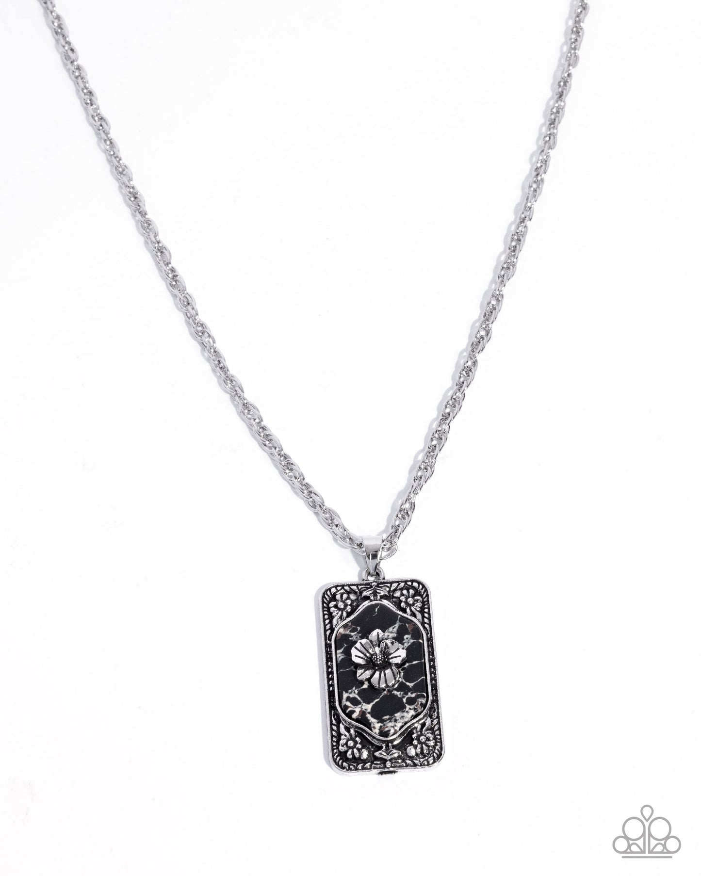 Paparazzi Antiqued Advance - Black Marbled Stone Silver Flower Necklace N3861