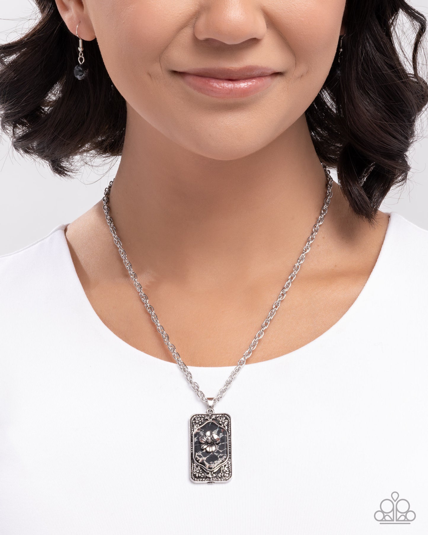 Paparazzi Antiqued Advance - Black Marbled Stone Silver Flower Necklace N3861