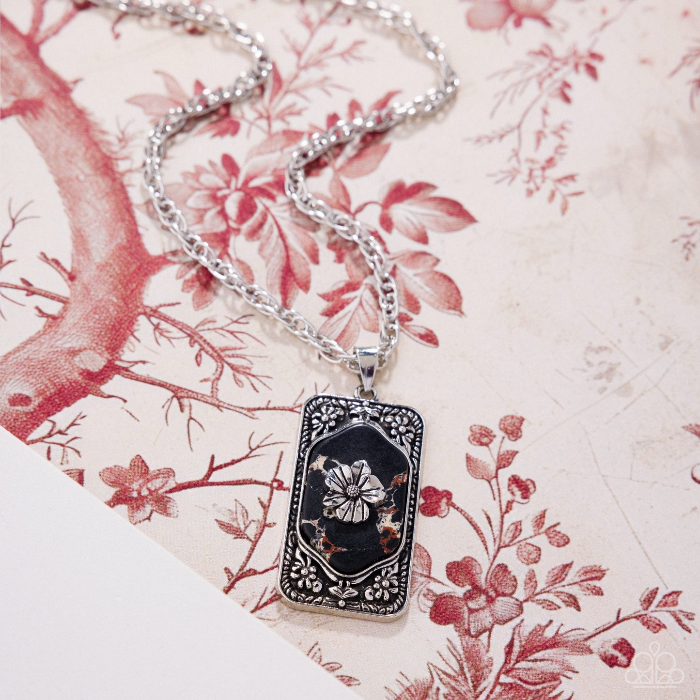 Paparazzi Antiqued Advance - Black Marbled Stone Silver Flower Necklace N3861