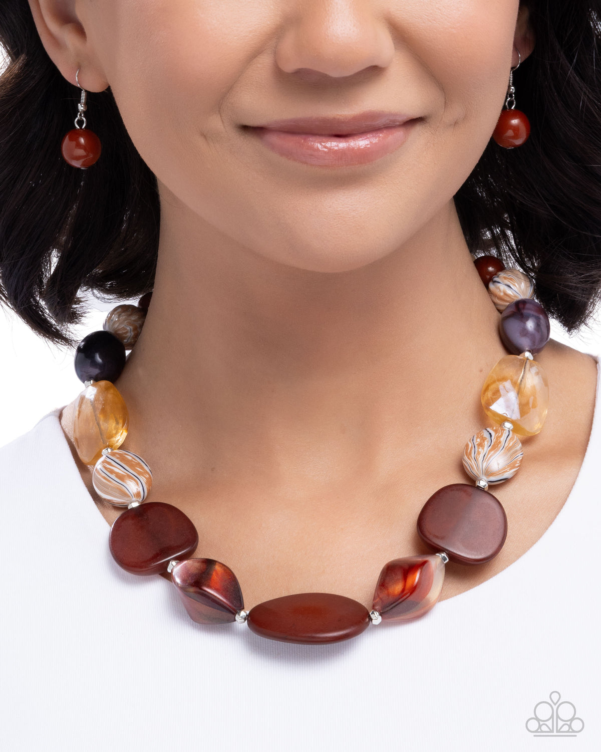 Paparazzi All Beauty - Brown Acrylics, Silver, Striped Beaded Necklace
