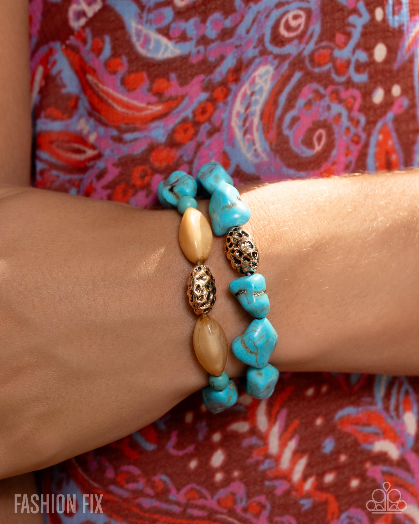 Paparazzi Classic Compliance - Multi Turquoise Stone, Gold Pebbles & Brown Acrylic Bead Stretch Set Of 2 Bracelets Simply Santa Fe Fashion Fix Trend Blend January 2026 B2581