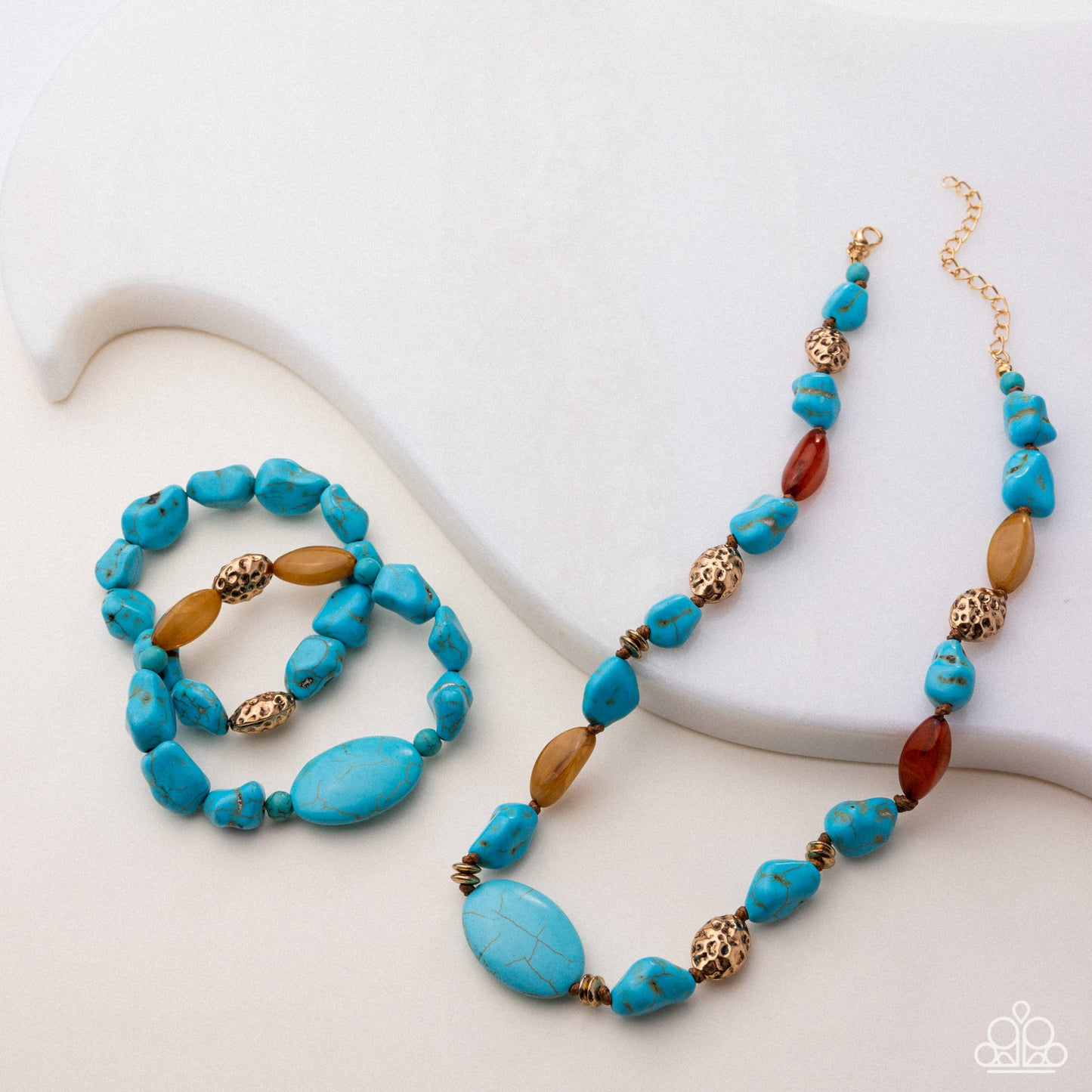 Paparazzi Classic Compliance - Multi Turquoise Stone, Gold Pebbles & Brown Acrylic Bead Stretch Set Of 2 Bracelets Simply Santa Fe Fashion Fix Trend Blend January 2026 B2581