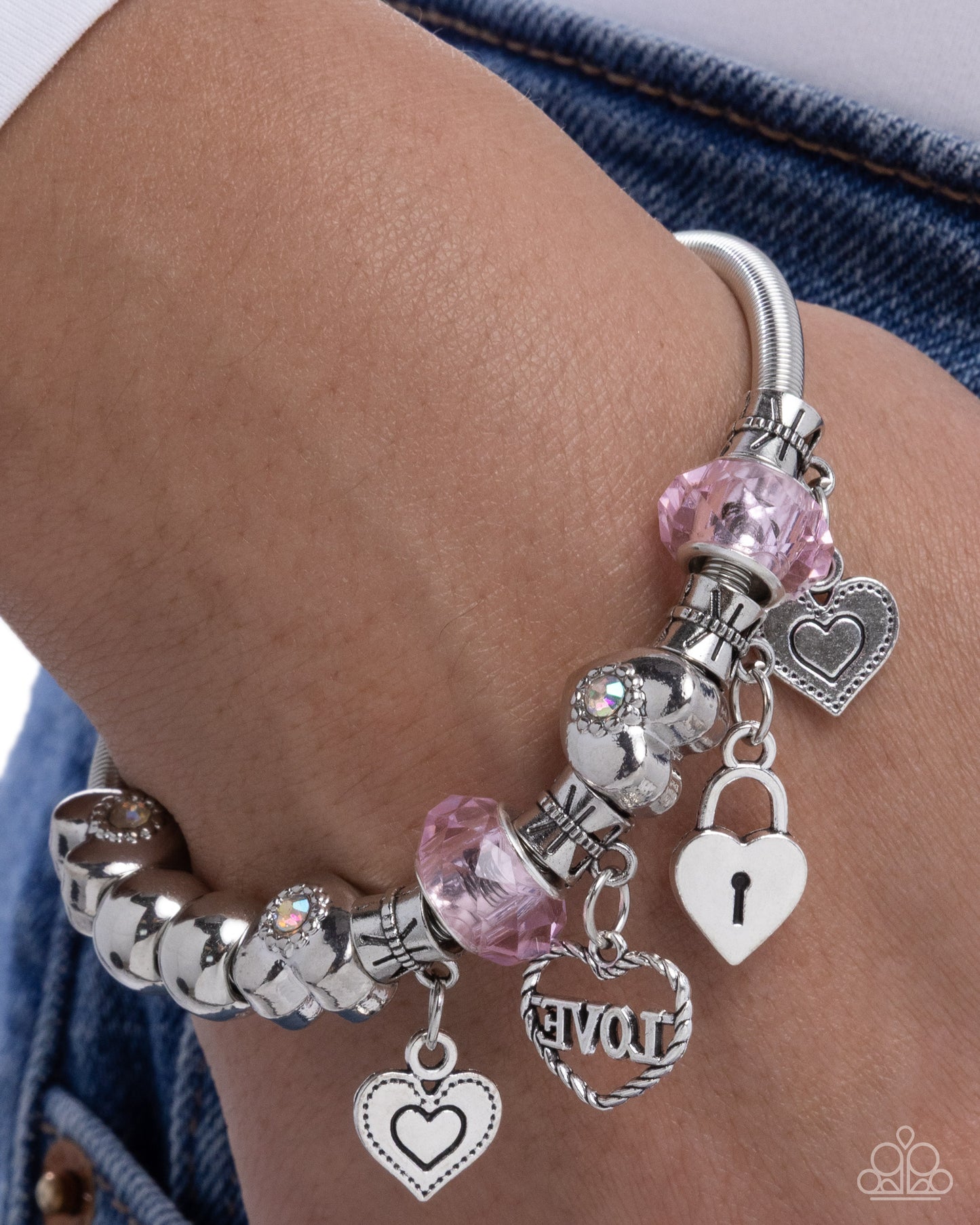 Paparazzi Cascading Cupid - Pink & Silver Heart Stretch Bracelet B2594