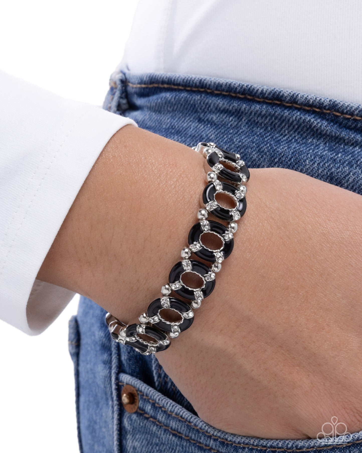 Paparazzi Adorable Armada - Black Painted & White Rhinestone Dotted Stretch Bracelet