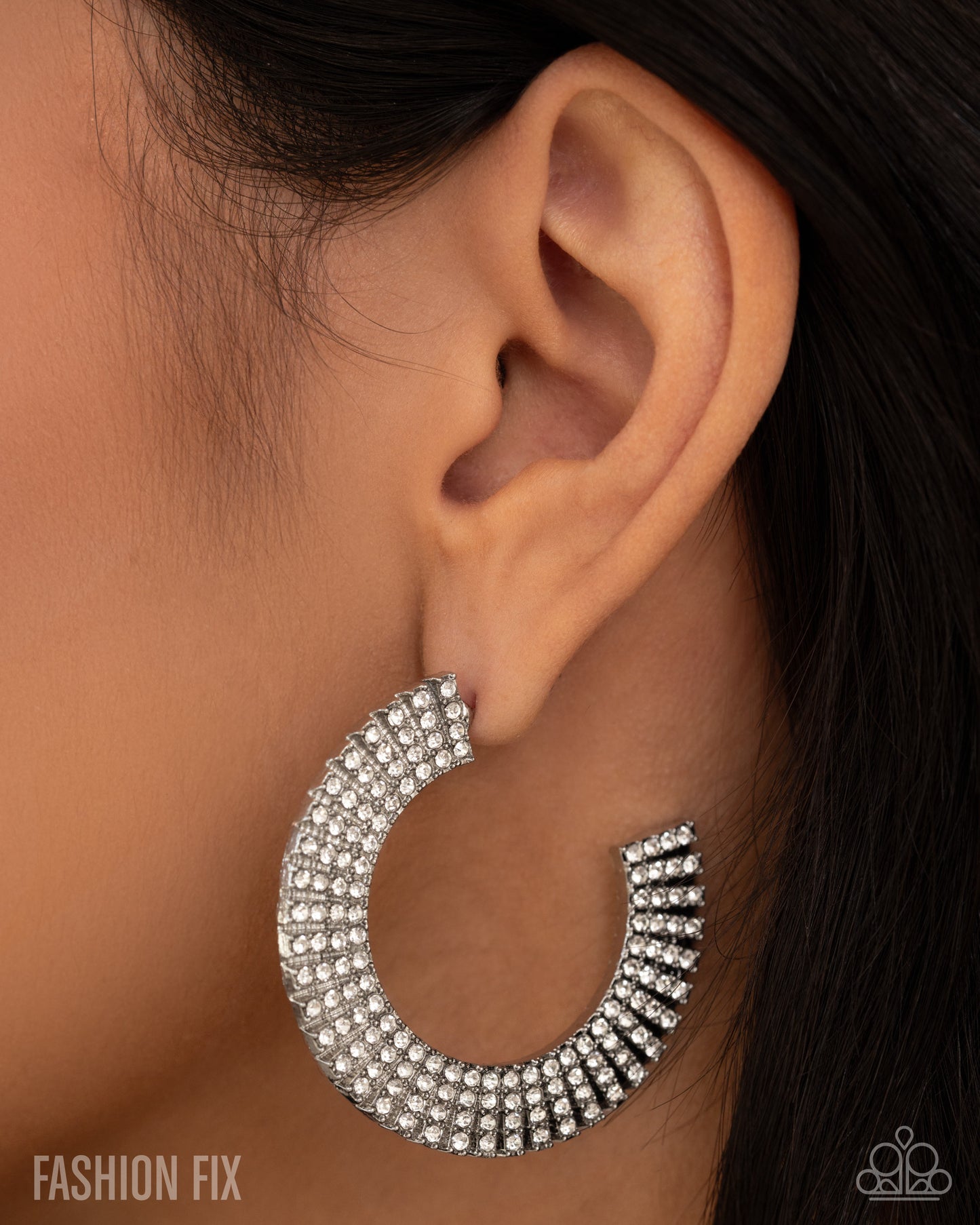 Paparazzi Audacious Allure - White Rhinestone 1 3/4 Inch Hoop Earring Magnificent Musings Trend Blend January 2025 E3305