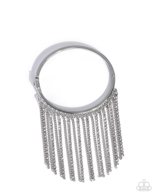 Paparazzi Fatal Fringe - White Rhinestone Fringe Silver Cuff Bracelet