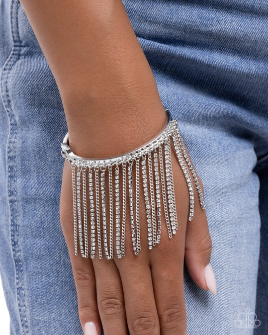 Paparazzi Fatal Fringe - White Rhinestone Fringe Silver Cuff Bracelet