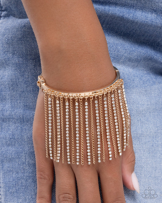 Paparazzi Fatal Fringe - Gold Chain & White Rhinestone Fringe Hinged Bracelet