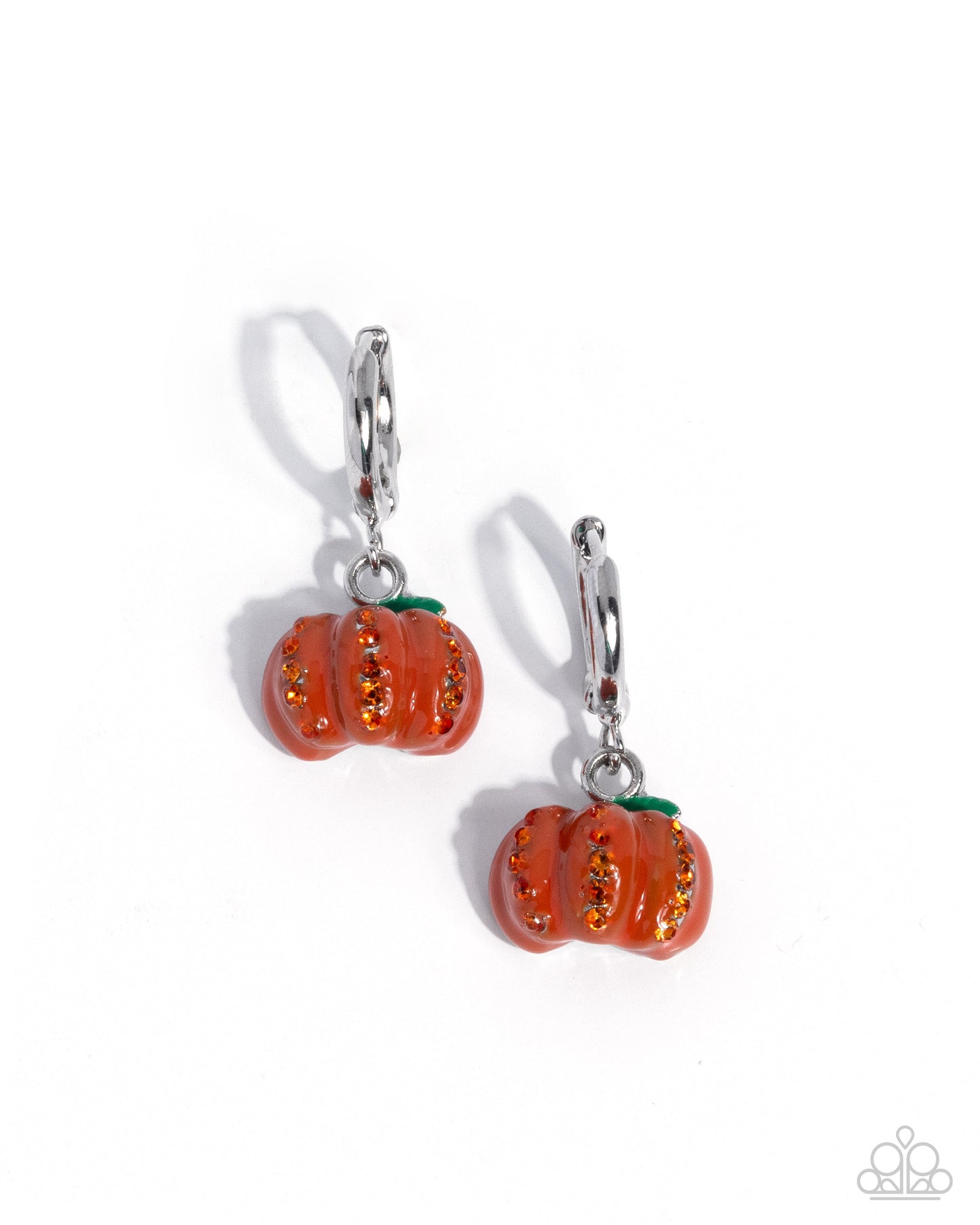 Pumpkin Pageantry - Orange Painted Rhinestone Pumkin 1/2 Inch Silver Hoop Halloween Earring Paparazzi E3124