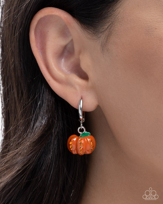 Pumpkin Pageantry - Orange Painted Rhinestone Pumkin 1/2 Inch Silver Hoop Halloween Earring Paparazzi E3124