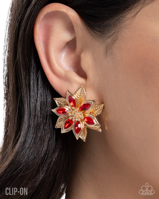 Paparazzi Perceptive Poinsettia - Red & Gold Poinsettia Style Christmas Clip On Earring E3197