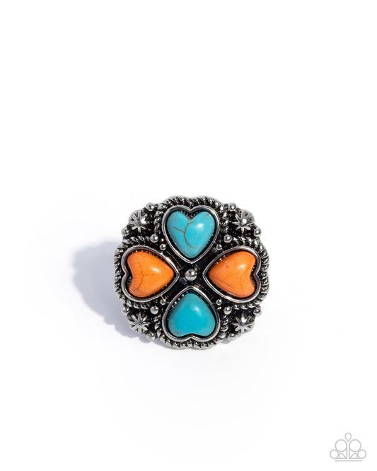 Paparazzi Sincere Stones - Orange & Turquoise Heart Stone Studded 4 Leaf Clover Inspired Silver Ring