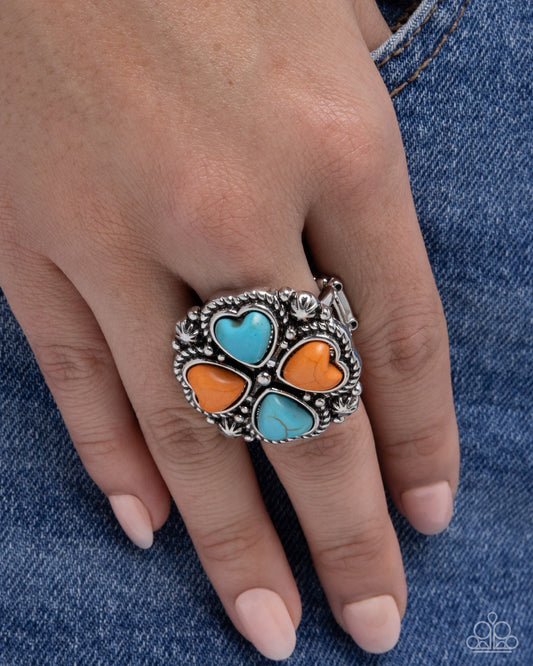 Paparazzi Sincere Stones - Orange & Turquoise Heart Stone Studded 4 Leaf Clover Inspired Silver Ring