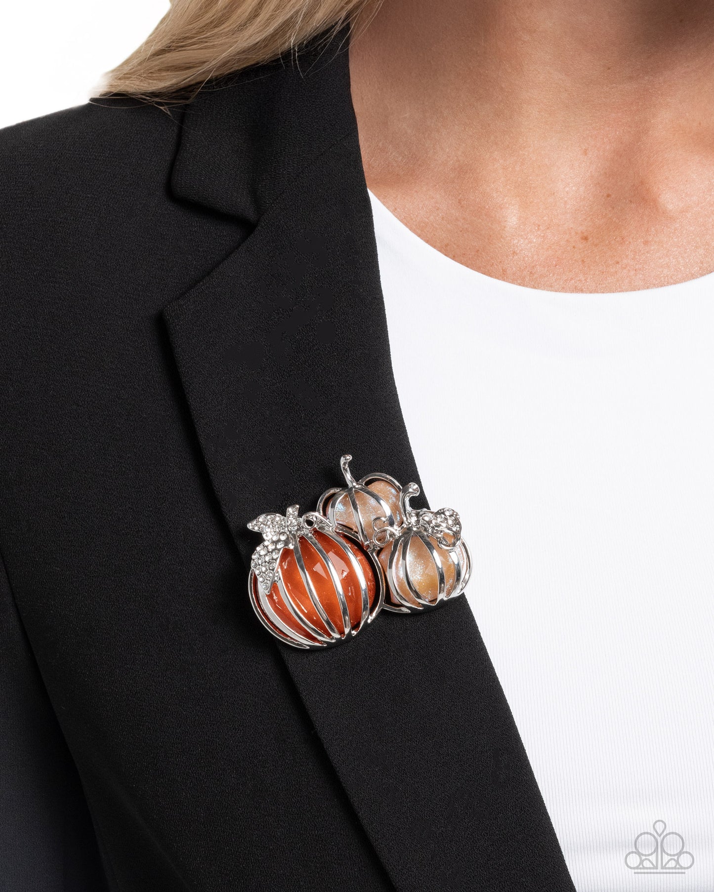 Paparazzi Pumpkin Pattern - White Rhinestone, Silver Caged Orange & Brown Pumpkins Lapel Pin Brooch BR012