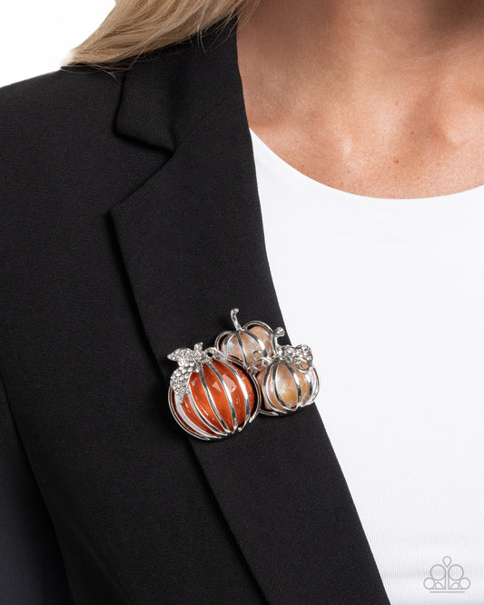 Paparazzi Pumpkin Pattern - White Rhinestone, Silver Caged Orange & Brown Pumpkins Lapel Pin Brooch BR012