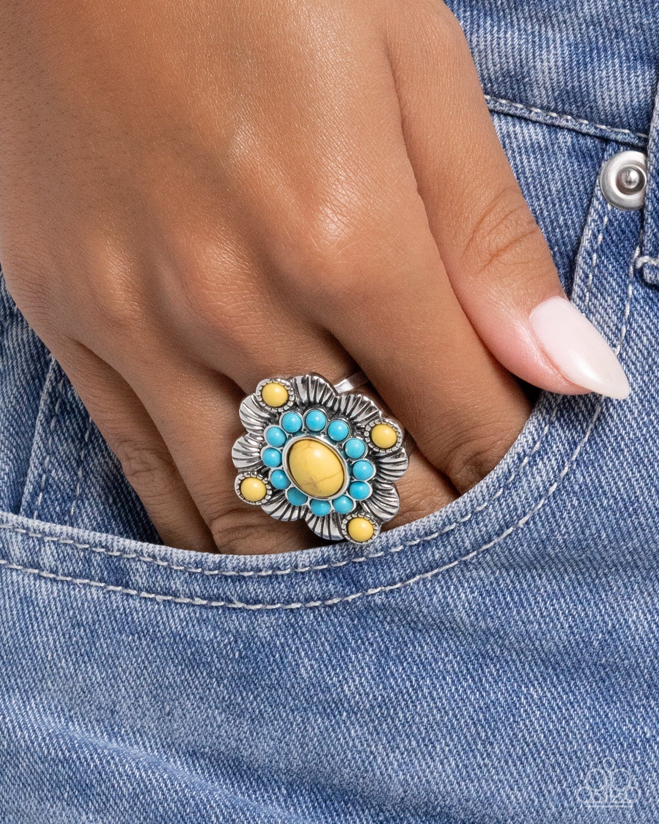 Paparazzi Natural News - Yellow & Blue Turquoise Stone Santa Fe Style Ring R1320