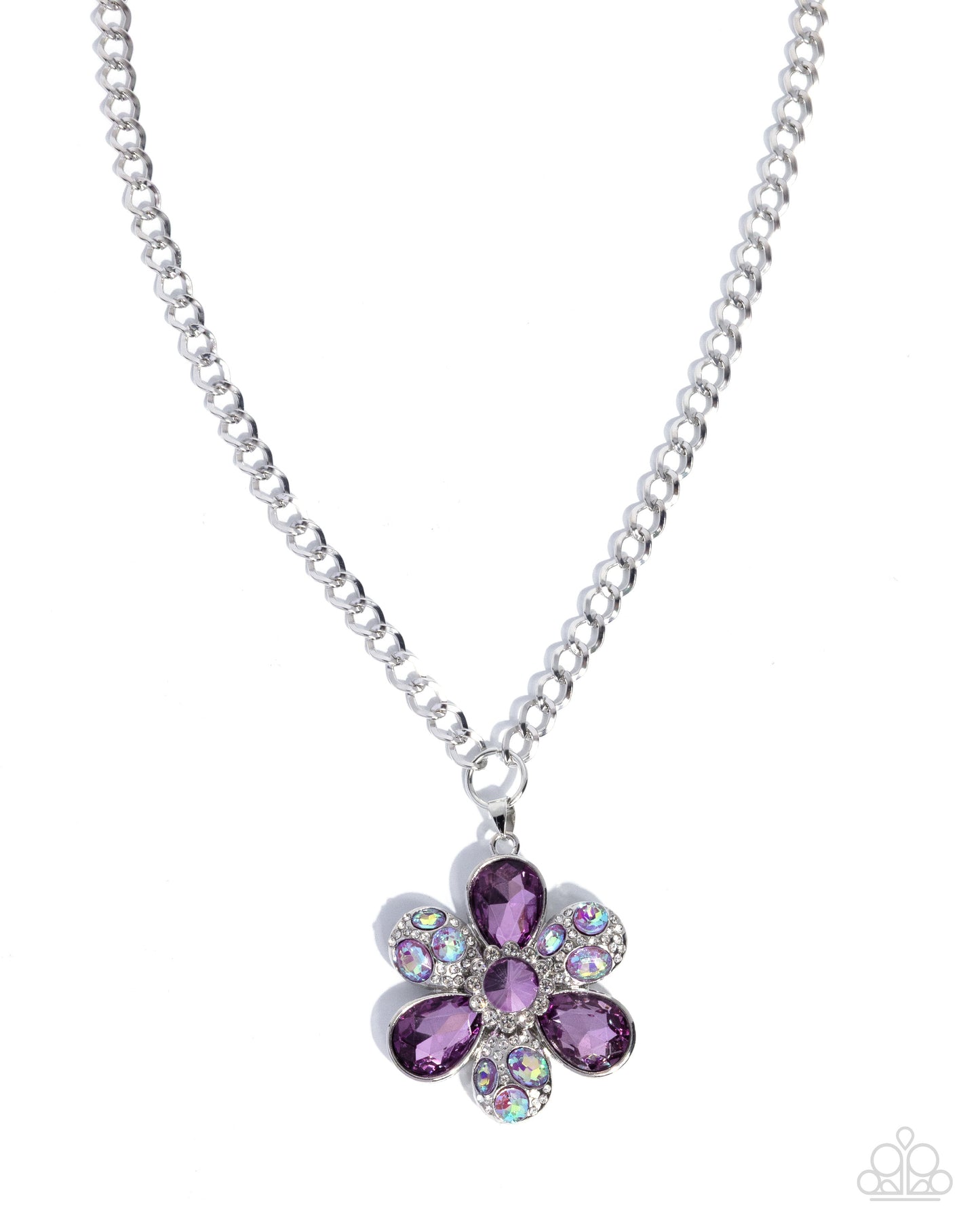 Paparazzi Vacation Flowers - Purple Gem, Purple Iridescent Gem & White Rhinestone Flower Pendant Necklace N3912