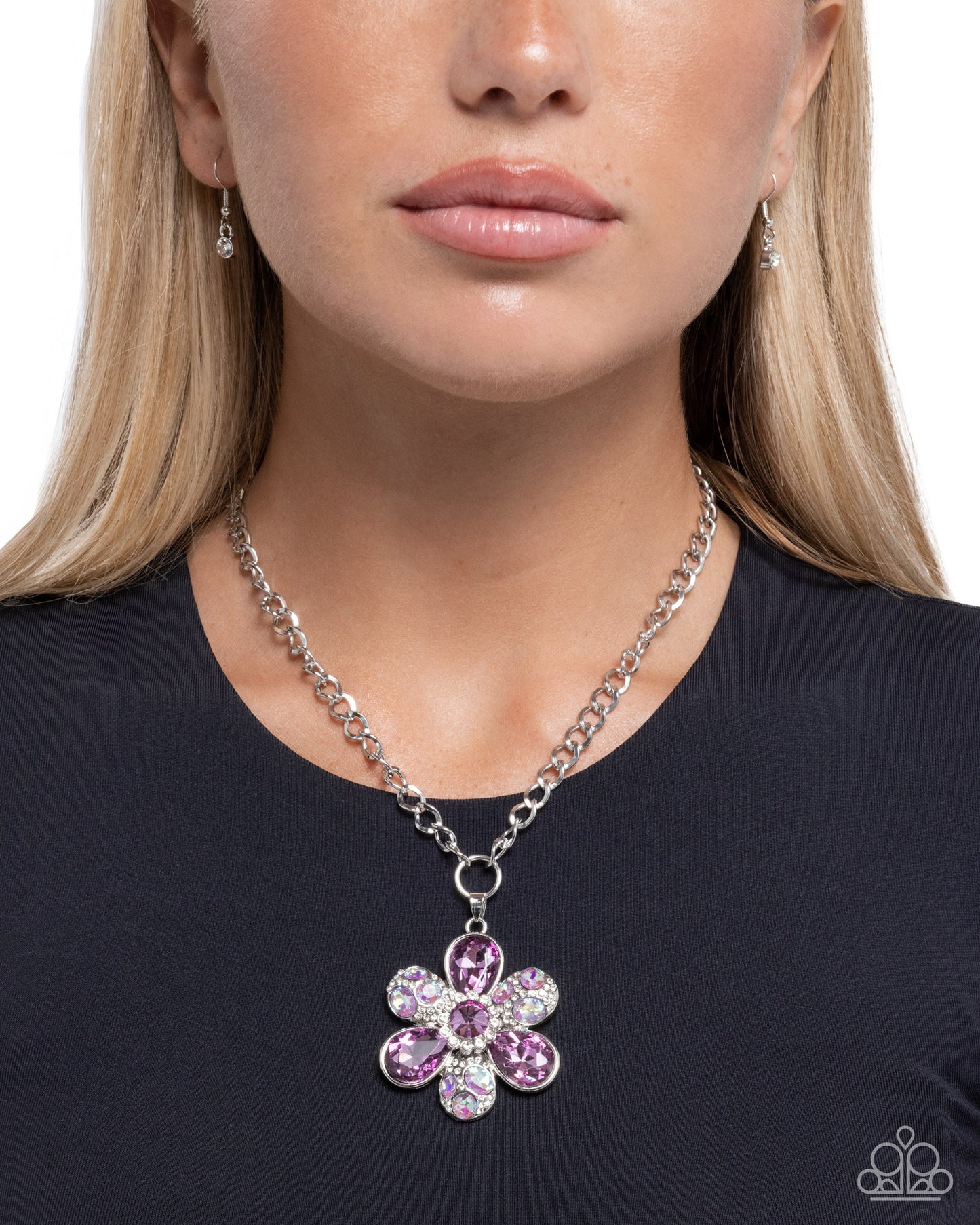 Paparazzi Vacation Flowers - Purple Gem, Purple Iridescent Gem & White Rhinestone Flower Pendant Necklace N3912