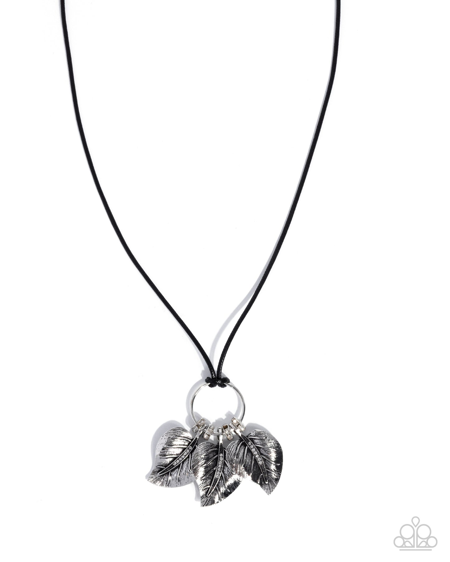 Paparazzi Loaded with Leaves - Black Cord Silver Textured Leaves & Silver Rings With White Rhinestones N3896