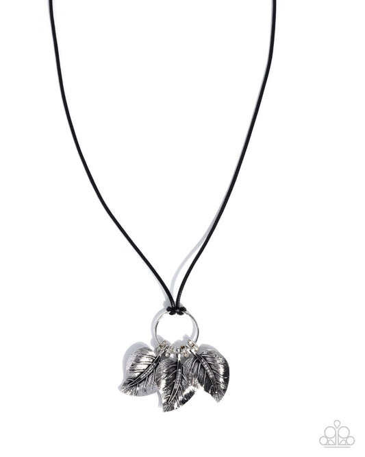 Paparazzi Loaded with Leaves - Black Cord Silver Textured Leaves & Silver Rings With White Rhinestones N3896