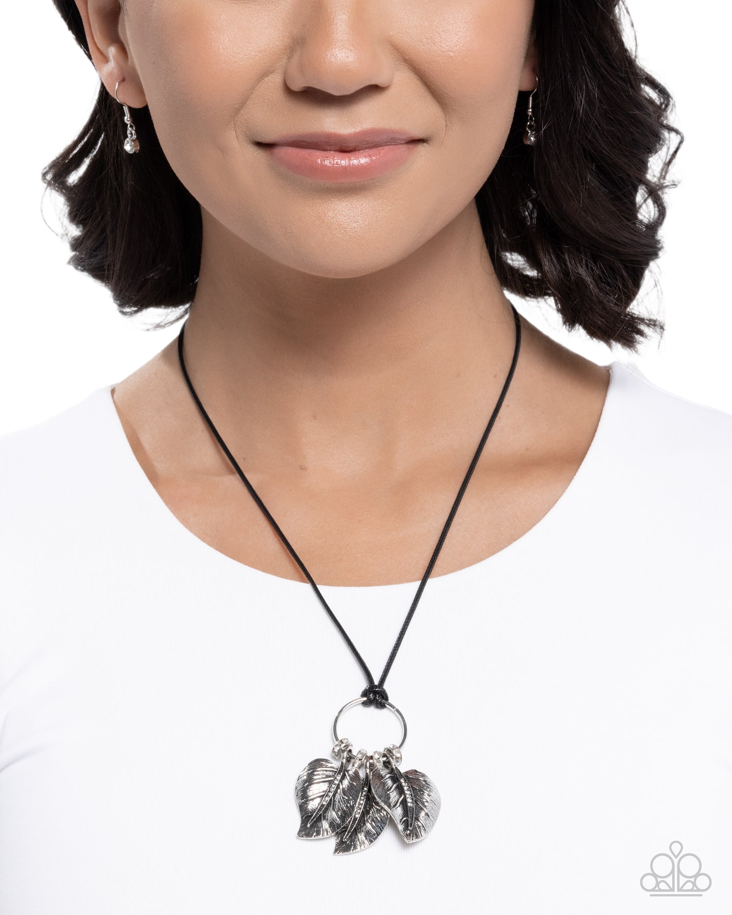 Paparazzi Loaded with Leaves - Black Cord Silver Textured Leaves & Silver Rings With White Rhinestones N3896