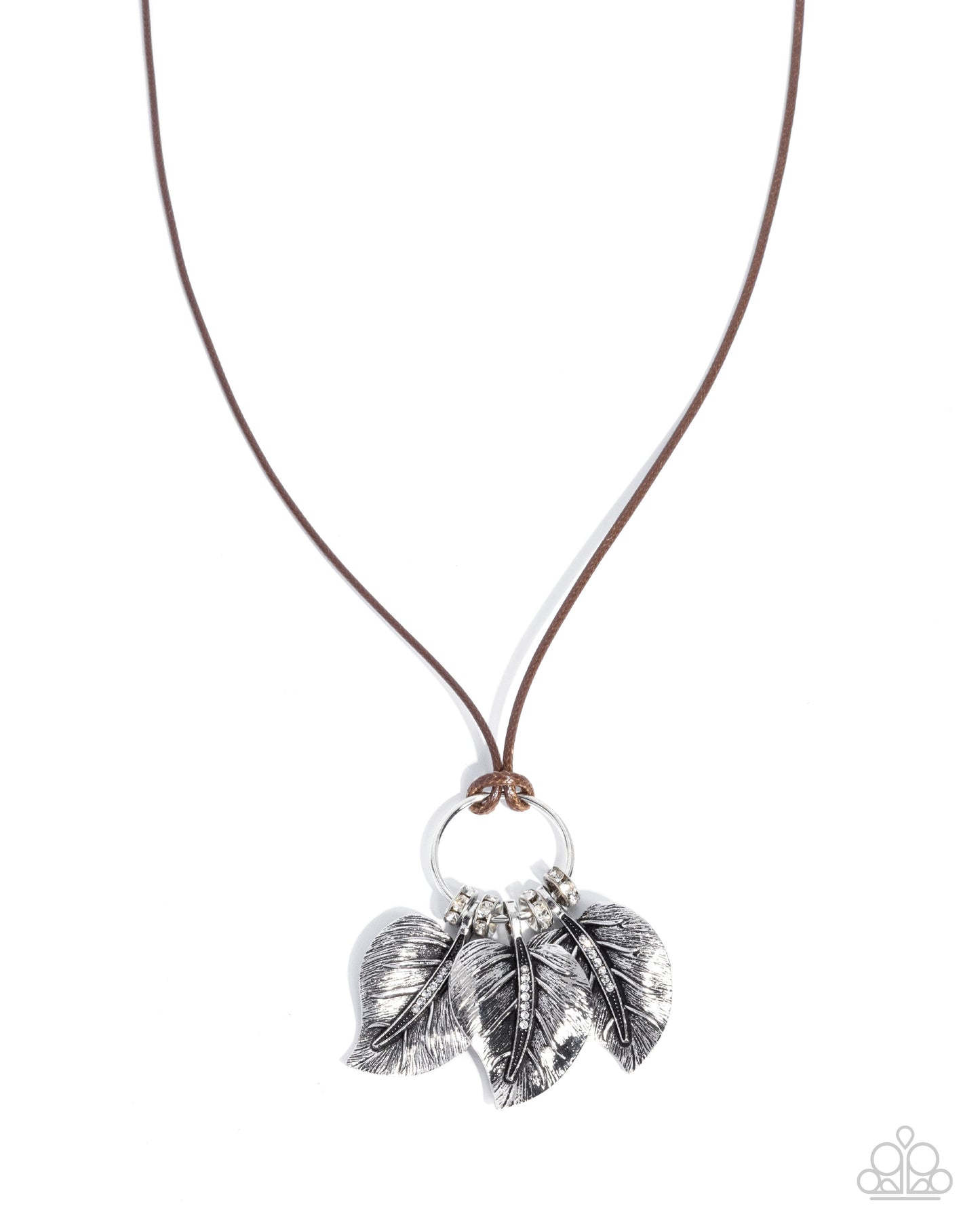 Paparazzi Loaded with Leaves - Brown Cord, Silver & White Rhinestone Leaf Necklace