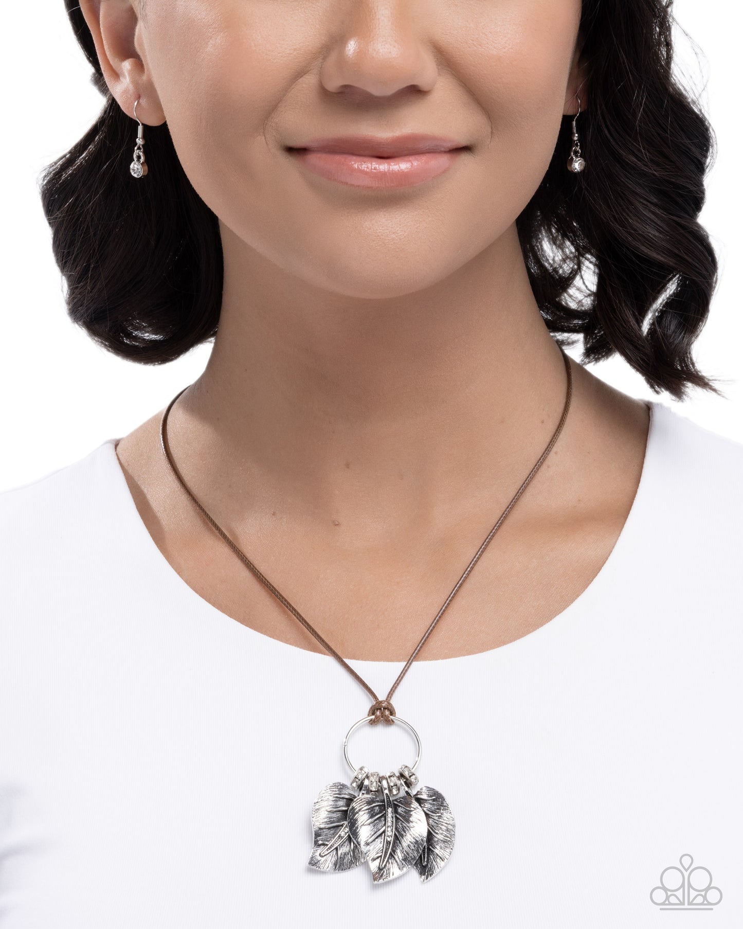 Paparazzi Loaded with Leaves - Brown Cord, Silver & White Rhinestone Leaf Necklace