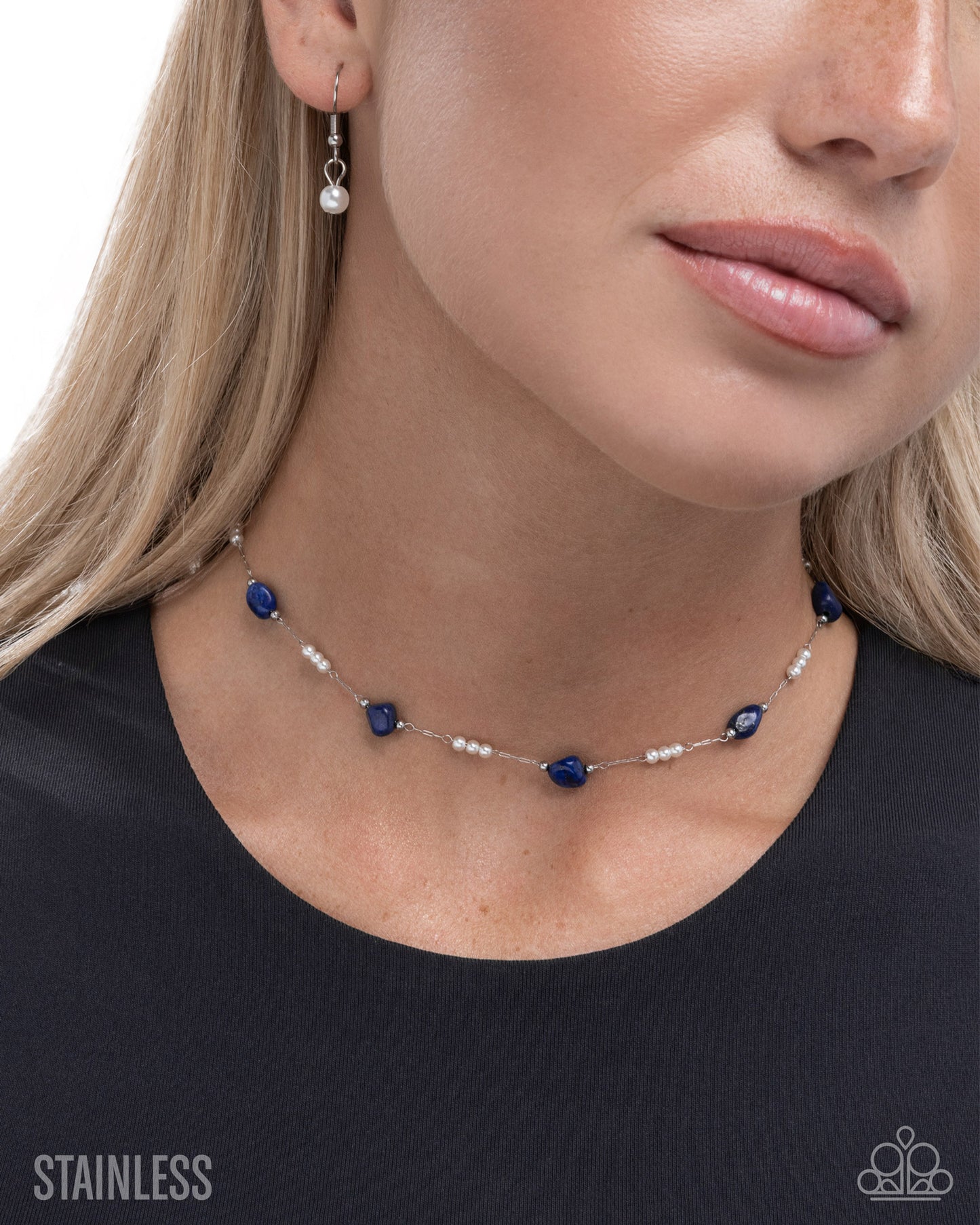 Paparazzi Surreal Sunset - Blue Lapis Stone, White Pearl Bead Stainless Steel Choker Necklace N1162