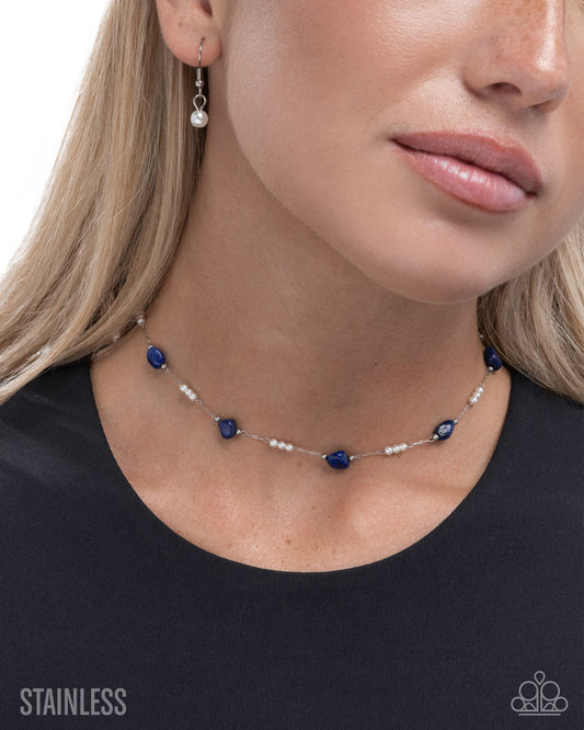 Paparazzi Surreal Sunset - Blue Lapis Stone, White Pearl Bead Stainless Steel Choker Necklace N1162