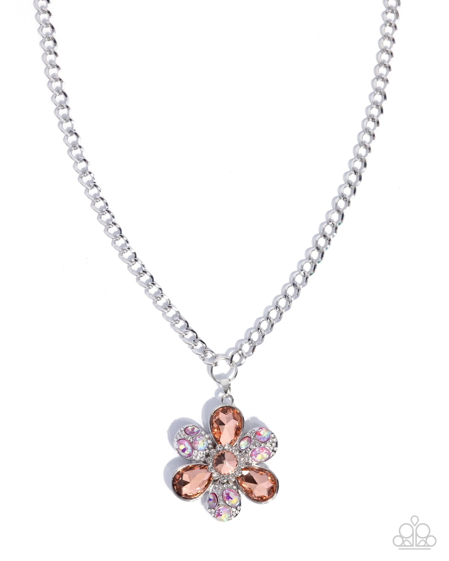 Paparazzi Vacation Flowers - Orange Brandied Melon, Pink Iridescent Gem & White Rhinestone Silver Flower Pendant Necklace N3913