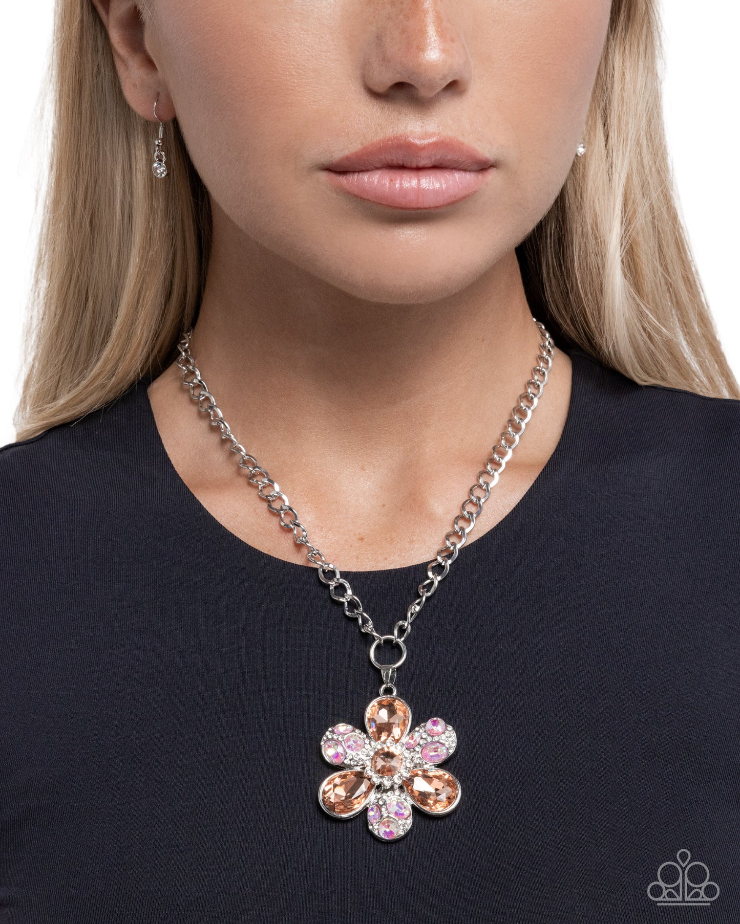 Paparazzi Vacation Flowers - Orange Brandied Melon, Pink Iridescent Gem & White Rhinestone Silver Flower Pendant Necklace N3913