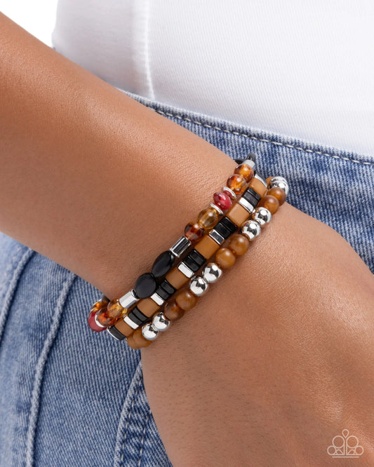 Paparazzi Sunset Stack - Black, Brown Bead & Silver Stretch Bracelet Set Of 3 Bracelets B2528