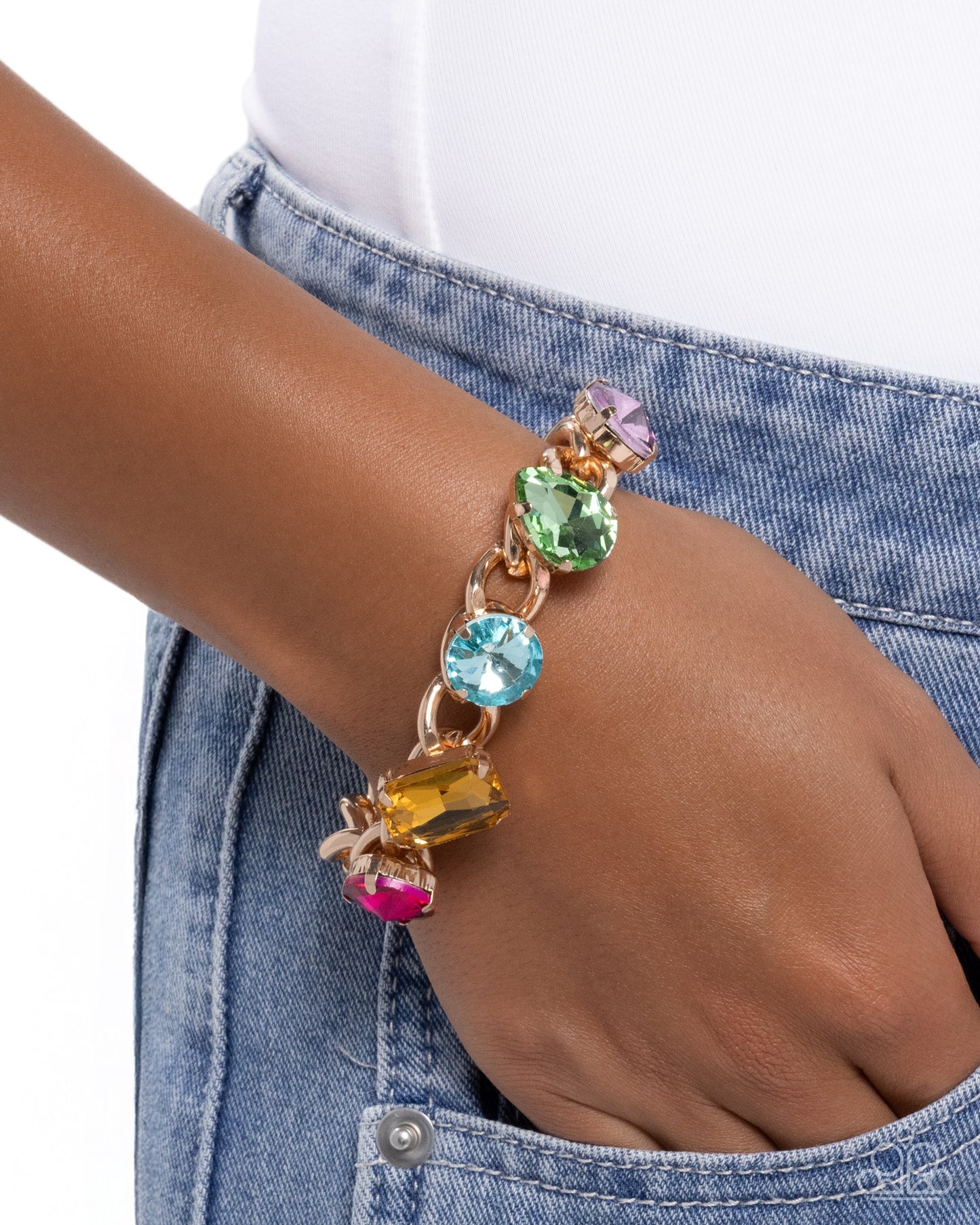 Paparazzi Muted Malibu - Multicolored Gem Gold Bracelet B2584